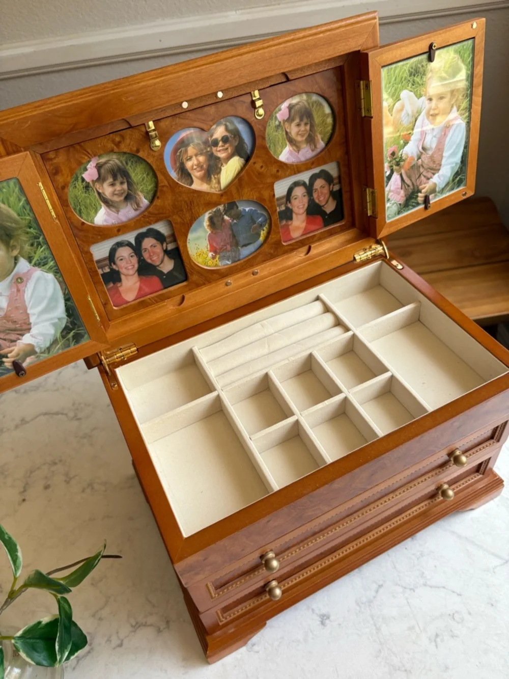 Vintage Wood Jewelry Box with Two Drawers - Brown